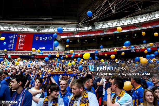 Fans of Shrewsbury Town during the Sky Bet League One Play Off Final between Rotherham United and Shrewsbury Town at Wembley Stadium on May 27, 2018...