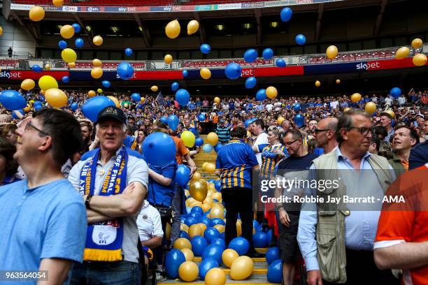 Fans of Shrewsbury Town during the Sky Bet League One Play Off Final between Rotherham United and Shrewsbury Town at Wembley Stadium on May 27, 2018...