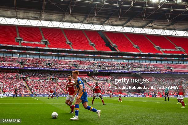 General view of match action at Wembley Stadium during the Sky Bet League One Play Off Final between Rotherham United and Shrewsbury Town at Wembley...