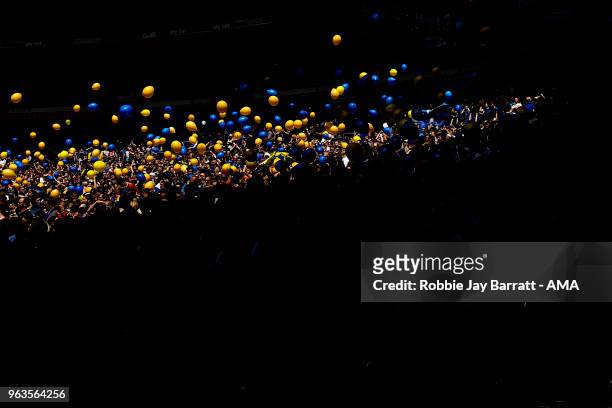 General view as fans of Shrewsbury Town throw balloons during the Sky Bet League One Play Off Final between Rotherham United and Shrewsbury Town at...