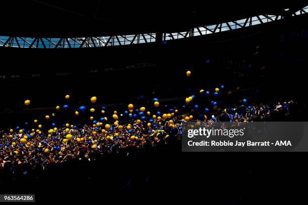 General view as fans of Shrewsbury Town throw balloons during the Sky Bet League One Play Off Final between Rotherham United and Shrewsbury Town at...