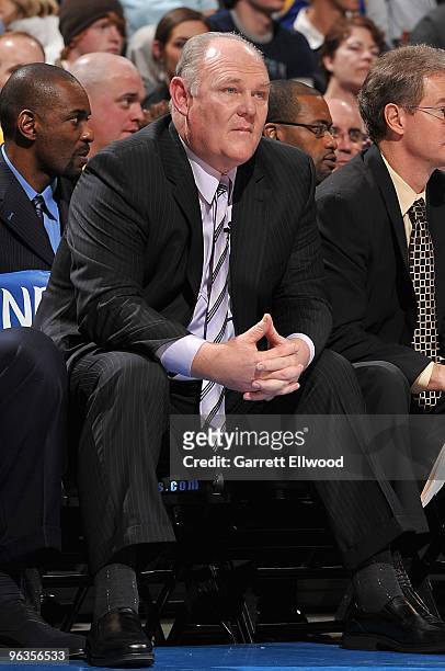Head coach George Karl of the Denver Nuggets looks on from the sideline during the game against the Los Angeles Clippers on January 21, 2010 at the...