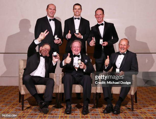 Inductees David Neitz, Matthew Scarlett, Terry Wallace, Wayne Johsnton, Kevin Sheedy and Mel Whinnen pose during the Australian Football Hall of Fame...