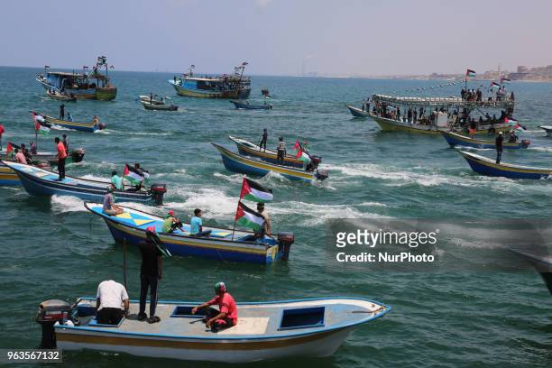 Picture taken on May 29, 2018 shows fishing boats carrying a group of Palestinian activists who are protesting and perhaps trying to breach Israel's...