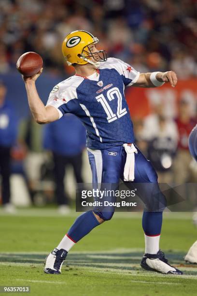 Quarterback Aaron Rodgers of the Green Bay Packers throws a pass during the 2010 AFC-NFC Pro Bowl at Sun Life Stadium on January 31, 2010 in Miami...