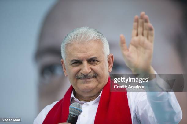 Prime Minister of Turkey Binali Yildirim greets people during the Turkey's ruling Justice and Development Party's rally in Siirt, Turkey on May 29,...