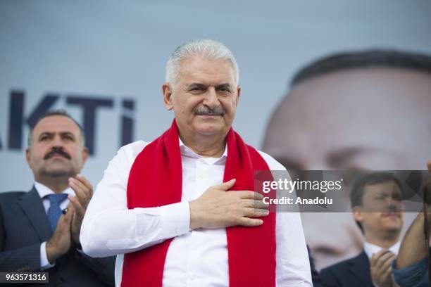 Prime Minister of Turkey Binali Yildirim greets people during the Turkey's ruling Justice and Development Party's rally in Siirt, Turkey on May 29,...