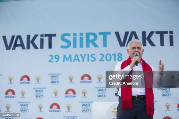 Prime Minister of Turkey Binali Yildirim delivers a speech during the Turkey's ruling Justice and Development Party's rally in Siirt, Turkey on May...