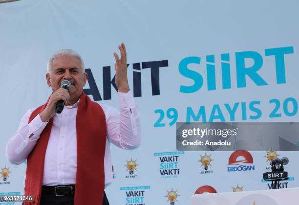Turkish Prime Minister and Vice Chairman of Turkey's ruling Justice and Development Party, Binali Yildirim addresses to people during AK Party's...