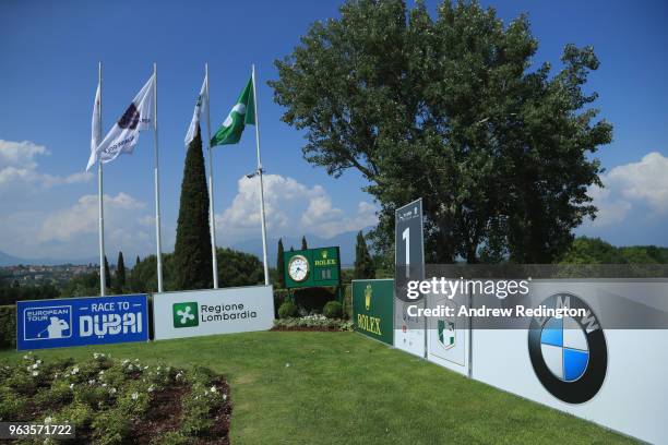 General vew of the first tee during practice for the Italian Open at Gardagolf Country Club on May 29, 2018 in Brescia, Italy.