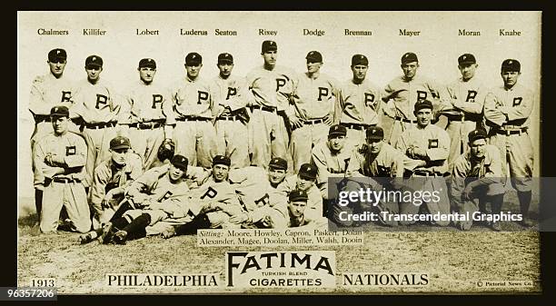 The Philadelphia Phillies pose for their team portrait for the 1913 season, issued as a tobacco card for Fatima Cigarettes. The team features Hall of...