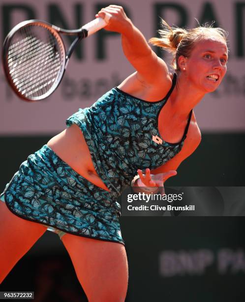 Richel Hogenkamp of the Netherlands plays a forehand during the ladies singles first round match against Maria Sharapova of Russia during day three...