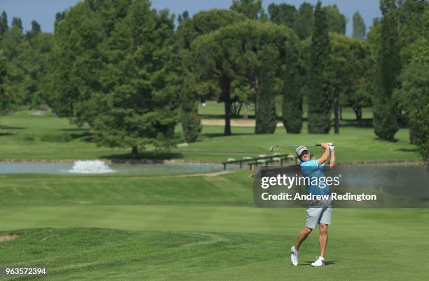 Jamie Donaldson of Wales in action during practice for the Italian Open at Gardagolf Country Club on May 29, 2018 in Brescia, Italy.