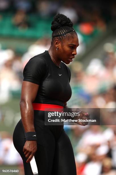 Serena Williams of The United States celebrates during her ladies singles first round match against Kristyna Pliskova of Czech Republic during day...