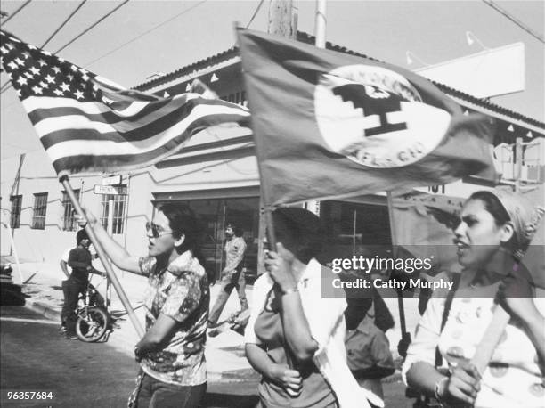 Farm worker women, brandishing a United Farm Workers flag next to an American flag, lead the 1,000 Mile March into Soledad, summer 1975. The march...