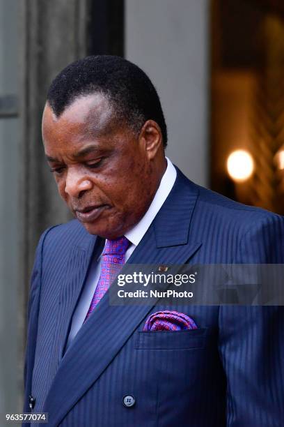 Congo President Denis Sassou Nguesso arrives to attend an international conference on Libya at the Elysee Palace on May 29 in Paris, France. The...