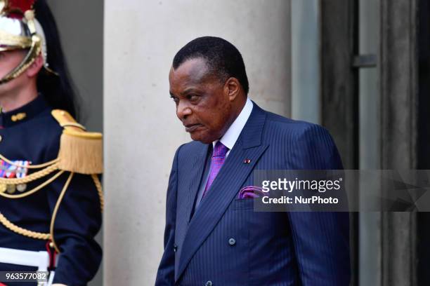 Congo President Denis Sassou Nguesso arrives to attend an international conference on Libya at the Elysee Palace on May 29 in Paris, France. The...