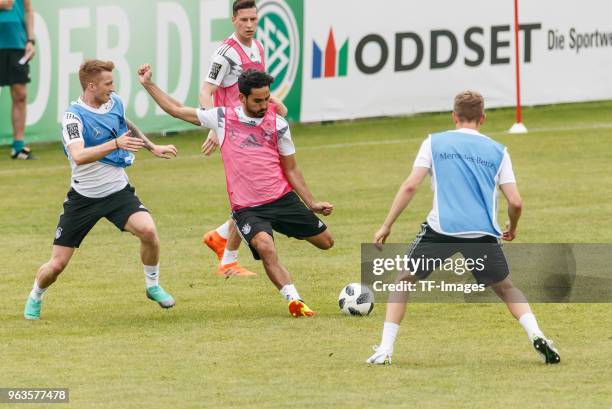 Antonio Ruediger of Germany and Mats Hummels of Germany battle for the ball during day seven of the Southern Tyrol Training Camp on May 29, 2018 in...