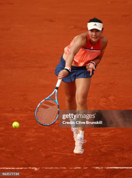 Yingying Duan of China in atcion during her ladies singles first round match against Caroline Garcia of France during day three of the 2018 French...