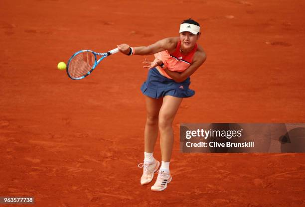 Yingying Duan of China in atcion during her ladies singles first round match against Caroline Garcia of France during day three of the 2018 French...