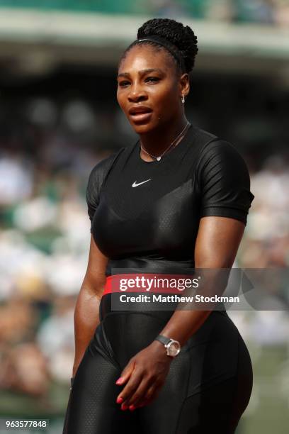 Serena Williams of The United States competes during her ladies singles first round match against Kristyna Pliskova of Czech Republic during day...