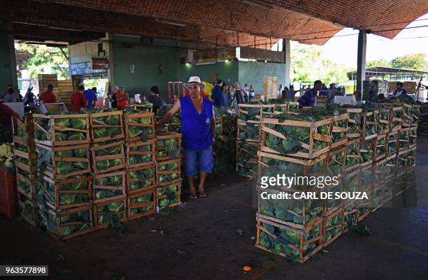 Vendor stands amid his stock of vegetables at CEASA wholesale market in, Rio de Janeiro, Brazil on May 29, 2018. - A mega-strike by Brazilian truck...
