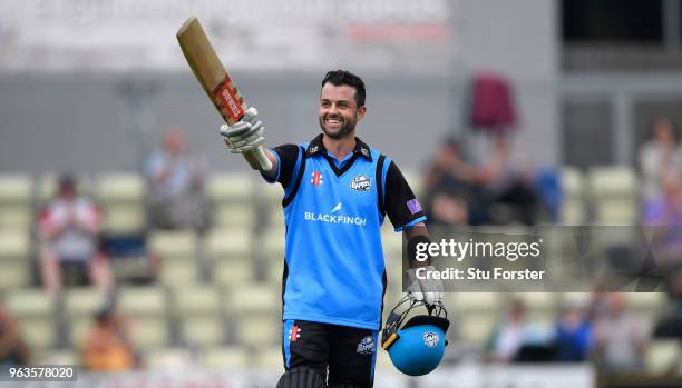 Royals batsman Callum Ferguson reaches his century during the Royal London One Day Cup match between Worcestershire and Leicestershire at New Road on...