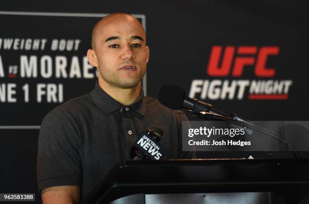 Marlon Moraes of Brazil interacts with media during a UFC press conference at the Adirondack Bank Center on May 29, 2018 in Utica, New York.