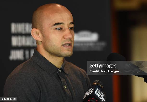 Marlon Moraes of Brazil interacts with media during a UFC press conference at the Adirondack Bank Center on May 29, 2018 in Utica, New York.