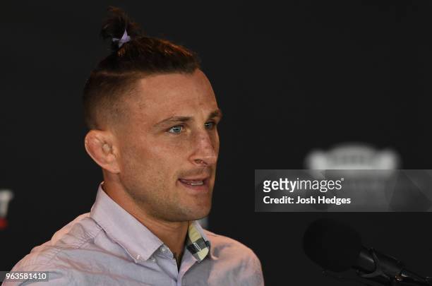 Gregor Gillespie interacts with media during a UFC press conference at the Adirondack Bank Center on May 29, 2018 in Utica, New York.