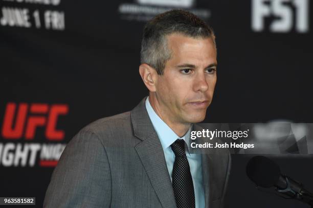 New York State Assemblyman Anthony Brindisi addresses the media during a UFC press conference at the Adirondack Bank Center on May 29, 2018 in Utica,...