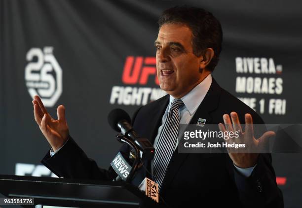 Mayor of Utica, Robert Palmieri, addresses the media during a UFC press conference at the Adirondack Bank Center on May 29, 2018 in Utica, New York.