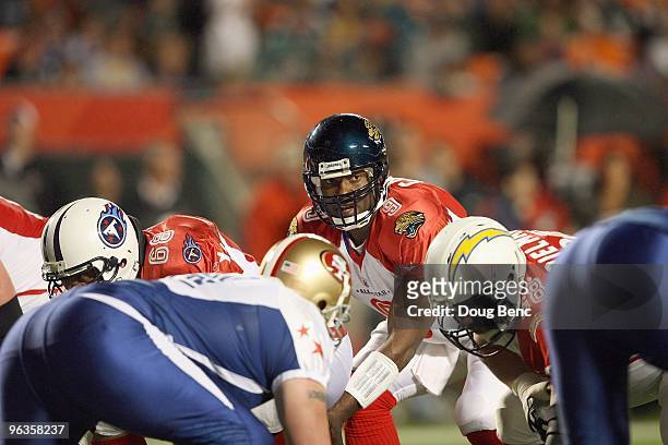Quarterback David Garrard of the Jacksonville Jaguars calls the play during the 2010 AFC-NFC Pro Bowl at Sun Life Stadium on January 31, 2010 in...