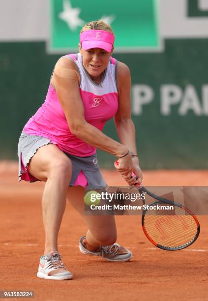 Anastasia Pavlyuchenkova of Russia plays a backhand during the ladies singles first round match against Polona Hercog of Slovenia during day three of...