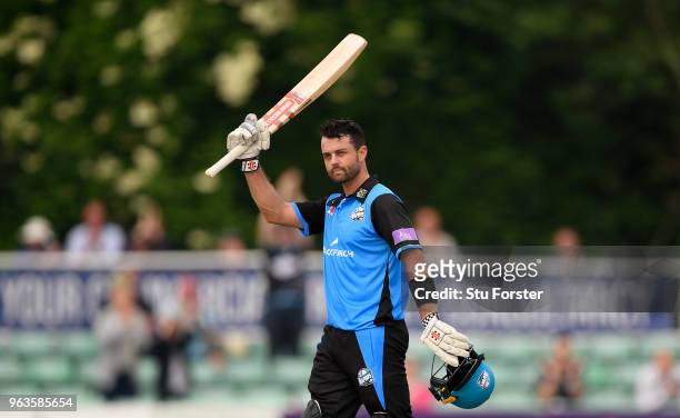 Royals batsman Callum Ferguson celebrates his 150 during the Royal London One Day Cup match between Worcestershire and Leicestershire at New Road on...
