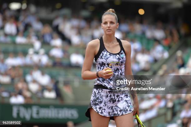 Kristyna Pliskova of Czech Republic reacts during her women's singles first round match against Serena Williams of The United States of America...