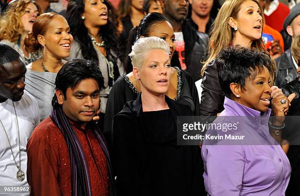Singers A.R. Rahman, Pink, Gladys Knight and others at the "We Are The World 25 Years for Haiti" recording session held at Jim Henson Studios on...