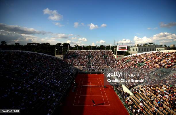 General view over Court Suzanne Lenglen during the mens singles first round match between Nicolas Mahut of France and Juan Martin Del Potro of...