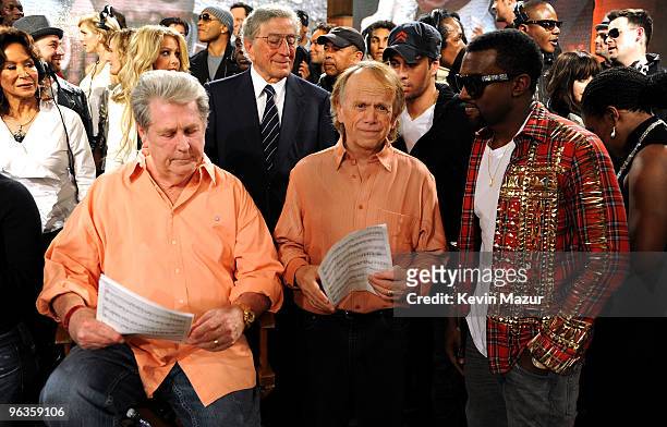 Musicians Brian Wilson, Al Jardine and singer Kanye West perform at the "We Are The World 25 Years for Haiti" recording session held at Jim Henson...