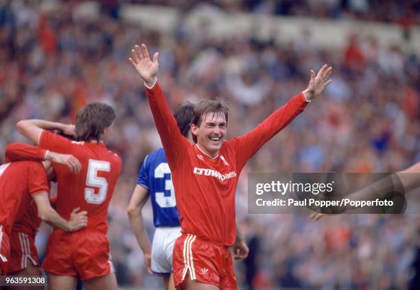 Kenny Dalglish of Liverpool celebrates after the final whistle of the FA Cup Final between Liverpool and Everton at Wembley Stadium on May 10, 1986...