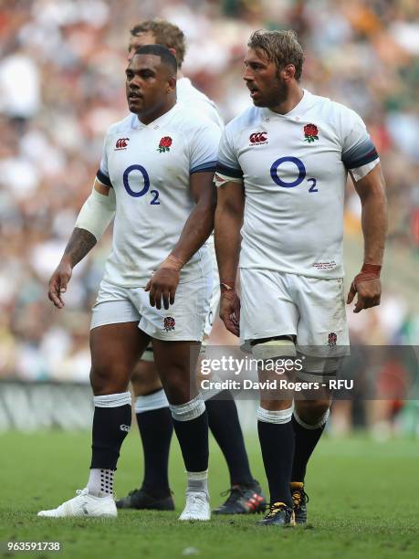 Chris Robshaw and Kyle Sinckler of England look on during the Quilter Cup match between England and the Barbarians at Twickenham Stadium on May 27,...