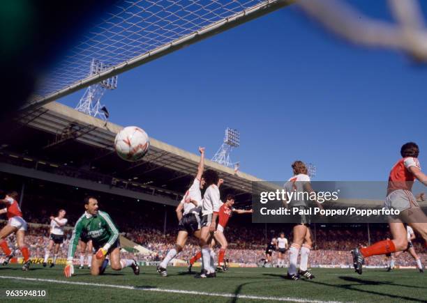 Liverpool players appeal for offside as Arsenal players celebrate Charlie Nicholas' goal during the Littlewoods League Cup Final at Wembley Stadium...