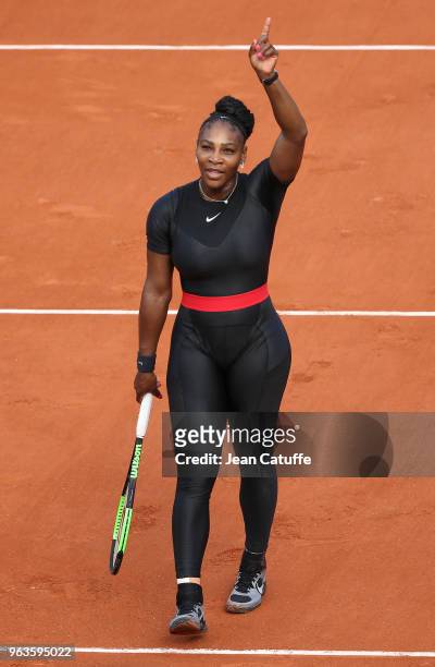 Serena Williams of USA celebrates her first round victory during Day Three of the 2018 French Open at Roland Garros on May 29, 2018 in Paris, France.