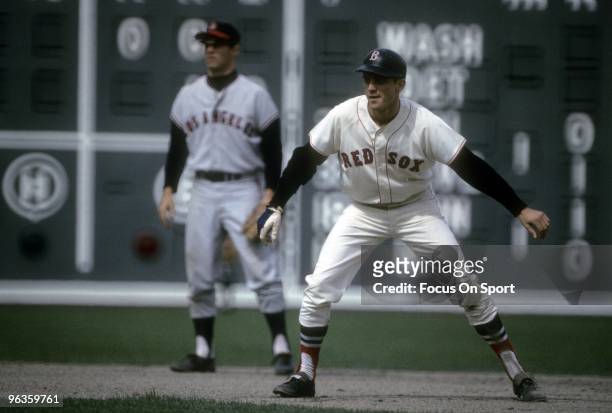 S: Outfielder Tony Conigliaro of the Boston Red Sox in action leads off of second base against the Los Angeles Angels during a circa late 1960's...