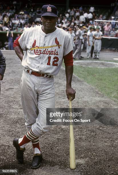 First Baseman Bill White of the St. Louis Cardinals waiting his turn to hit during batting practice before a circa 1960's Major League Baseball game....