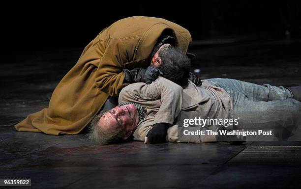 Michael Hayden, playing Henry V, greives over the dead body of Floyd King's body during rehearsal of the play at the Lansburgh Theatre January 31.