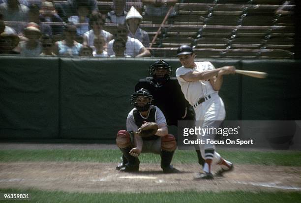 S: Outfielder Tony Conigliaro of the Boston Red Sox swings and watches the flight of his ball during a circa mid 1960's Major League Baseball game at...