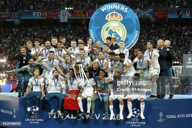 Goalkeeper Keylor Navas of Real Madrid, Daniel Carvajal of Real Madrid, Sergio Ramos of Real Madrid with UEFA Champions League trophy, Coupe des...