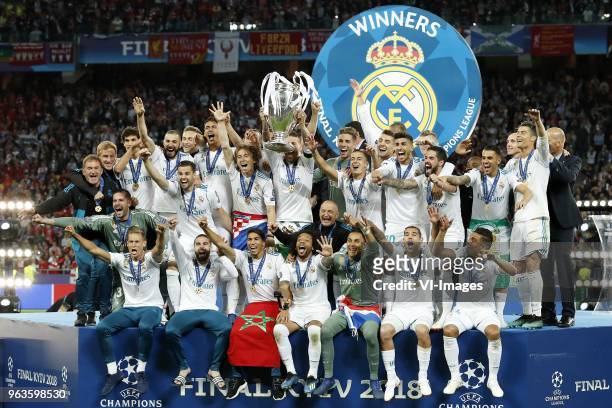 Goalkeeper Keylor Navas of Real Madrid, Daniel Carvajal of Real Madrid, Sergio Ramos of Real Madrid with UEFA Champions League trophy, Coupe des...