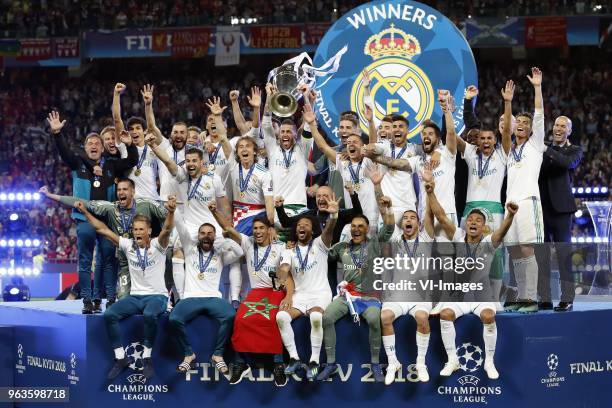 Goalkeeper Keylor Navas of Real Madrid, Daniel Carvajal of Real Madrid, Sergio Ramos of Real Madrid with UEFA Champions League trophy, Coupe des...